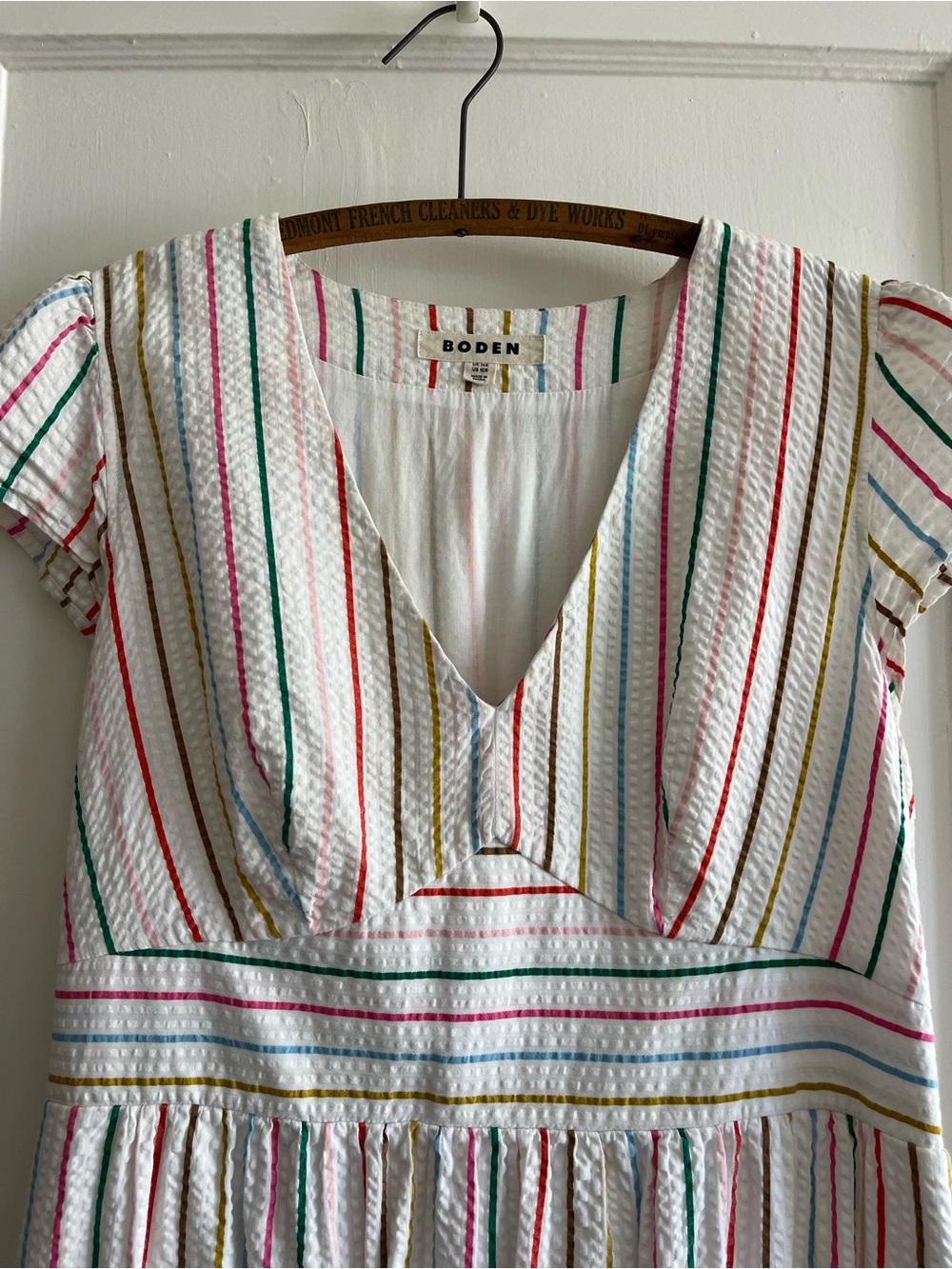 Boden White Multi-Stripe V-Neck Cotton Dress